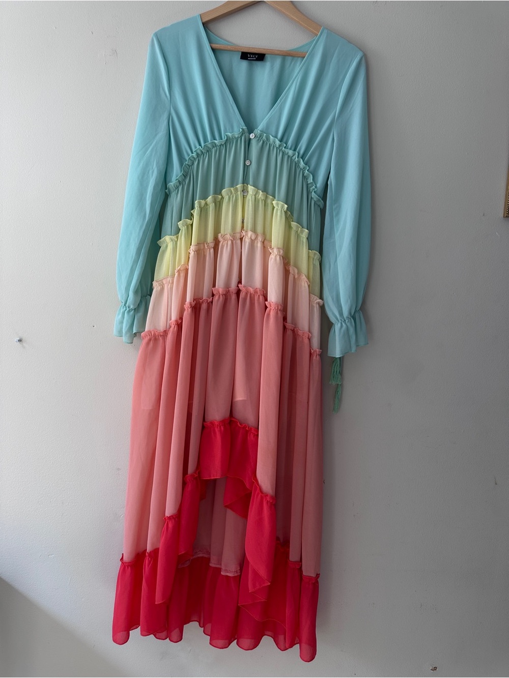 Vici Rainbow Pastel Tiered Ruffle Maxi Dress Long Sleeve Chiffon Boho Festival - Picture 2 of 11